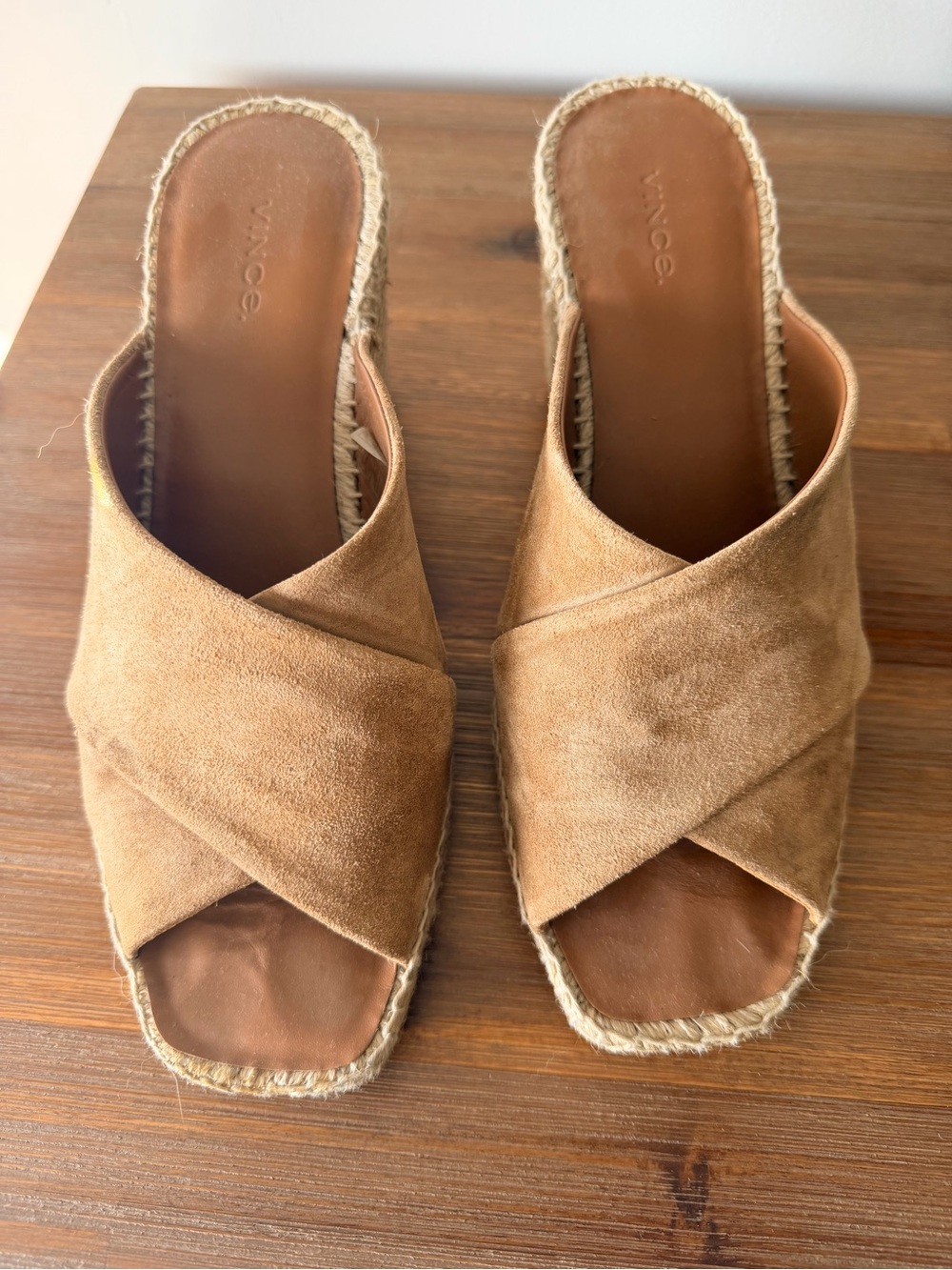 Vince Tan Suede Crisscross Espadrille Wedge Slide Sandald